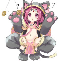 Rule 34 | 1girl, ?, @ @, afterimage, ahoge, animal ears, animal hands, blush, cat ears, cat tail, chestnut mouth, coin, coin on string, detached pants, elbow gloves, fake animal ears, forehead, full body, fur trim, gloves, grey footwear, grey gloves, groin, hood, hood up, hypnosis, mind control, navel, original, parted lips, paw gloves, paw shoes, pelvic curtain, pink eyes, pink hair, siera (sieracitrus), simple background, solo, squatting, tail, white background
