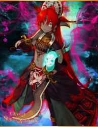 Rule 34 | 1girl, blue eyes, clothing request, copyright name, dark-skinned female, dark skin, earrings, hihara you, holding, holding weapon, horns, jewelry, kali (otogi:spirit agents), long hair, looking at viewer, looking up, official art, open mouth, otogi:spirit agents, red hair, second-party source, solo, sword, very long hair, weapon