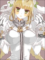 Rule 34 | 10s, 1girl, ahoge, blonde hair, bodysuit, breasts, chain, fate/extra, fate/extra ccc, fate (series), flower, gloves, green eyes, large breasts, lock, nero claudius (bride) (fate), nero claudius (fate), nero claudius (fate), padlock, solo, tegaki, veil, warai