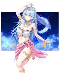 Rule 34 | 1girl, ahoge, alternate costume, anklet, armlet, bare shoulders, barefoot, blue hair, blush, braid, breasts, bustier, cleavage, closed mouth, colored tips, commentary, dancer, dancing, detached sleeves, elf, hair between eyes, half updo, harem outfit, heart, heart ahoge, highres, hololive, izu (tea value lord), jewelry, large breasts, long hair, looking at viewer, midriff, multicolored hair, navel, neck ring, pink sarong, pointy ears, sarong, see-through, see-through sleeves, smile, solo, standing, standing on one leg, strapless, streaked hair, usekh collar, virtual youtuber, yellow eyes, yukihana lamy
