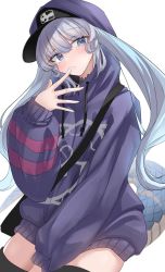Rule 34 | 1girl, :/, baseball cap, blue eyes, blue hair, blush, buchibussei, choker, closed mouth, drawstring, grey hair, hair between eyes, hand to own mouth, hand up, hat, head tilt, highres, hood, hood up, hoodie, kemono friends, komodo dragon (kemono friends), lizard tail, long hair, long sleeves, looking at viewer, multicolored hair, official alternate costume, simple background, sitting, solo, tail, thighhighs, twintails, very long hair, white background, zettai ryouiki