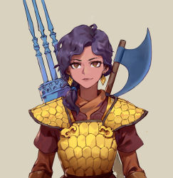 Rule 34 | 1girl, arabian clothes, armor, axe, brown background, brown eyes, dark-skinned female, dark skin, earrings, closed eyes, gauntlets, gongxiao zao, helmet, jewelry, looking at viewer, mount &amp; blade, original, outdoors, polearm, ponytail, purple hair, simple background, smile, solo, spear, warrior, weapon