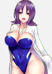 Rule 34 | 1girl, black one-piece swimsuit, blue one-piece swimsuit, breasts, casual one-piece swimsuit, chikage (blackclownery), chromatic aberration, commentary request, cowboy shot, creatures (company), curvy, female focus, game freak, highres, jewelry, lab coat, large breasts, looking at viewer, necklace, nintendo, one-piece swimsuit, open mouth, philena ivy, pokemon, pokemon (anime), purple hair, shiny skin, short hair, simple background, smile, solo, swimsuit, thighs, white background
