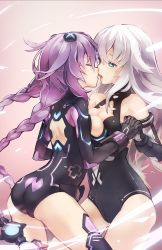 Rule 34 | 10s, 2girls, aqua eyes, armlet, armor, ass, back, back cutout, bare shoulders, black heart (neptunia), black legwear, blue eyes, blush, bracer, braid, breast press, breasts, cleavage, cleavage cutout, closed eyes, clothes writing, clothing cutout, couple, cowboy shot, elbow gloves, emblem, english text, faulds, female focus, flipped hair, from side, ge-b, gloves, gradient background, green eyes, hair ornament, half-closed eyes, halterneck, highres, holding hands, imminent kiss, interlocked fingers, kiss, large breasts, leotard, long hair, magical girl, multiple girls, neon trim, neptune (neptunia), neptune (series), noire (neptunia), open mouth, power symbol, power symbol-shaped pupils, profile, purple hair, purple heart (neptunia), sideboob, skin tight, symbol-shaped pupils, symmetrical docking, thighhighs, turtleneck, twin braids, very long hair, white hair, yuri