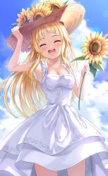 Rule 34 | 1girl, :d, ^ ^, arm up, bang dream!, bare arms, bare shoulders, blonde hair, blue sky, blush, breasts, brown hat, cleavage, closed eyes, cloud, cloudy sky, commentary request, day, dress, facing viewer, flower, hand on headwear, hat, hat flower, highres, holding, holding flower, long hair, lunacle, medium breasts, open mouth, outdoors, sky, sleeveless, sleeveless dress, smile, solo, straw hat, sunflower, teeth, tsurumaki kokoro, upper teeth only, very long hair, white dress, yellow flower