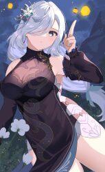 Rule 34 | 1girl, absurdres, bare shoulders, black dress, black sleeves, blue eyes, blue hair, breasts, cleavage, collared dress, cowboy shot, detached sleeves, dress, dutch angle, finger gun, floating, floating object, flower, genshin impact, hair flower, hair ornament, hair over one eye, hand up, highres, lantern, large breasts, legs apart, long hair, long sleeves, night, night sky, one eye covered, outdoors, paper lantern, parted bangs, pelvic curtain, rererere mon, see-through, see-through cleavage, see-through dress, shenhe (frostflower dew) (genshin impact), shenhe (genshin impact), side slit, sidelocks, sky, sleeveless, sleeveless dress, solo, thighs, white flower