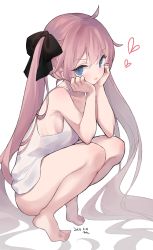 Rule 34 | 1girl, :q, ahoge, bare arms, bare legs, bare shoulders, barefoot, black bow, blue eyes, blush, bow, breasts, dated, hair bow, head rest, heart, long hair, looking at viewer, mimelond, original, pink hair, shirt, sideboob, signature, simple background, small breasts, solo, squatting, tank top, tongue, tongue out, twintails, very long hair, white background, white shirt
