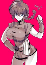 Rule 34 | 1girl, blue eyes, braid, braided ponytail, breasts, clenched hand, cowboy shot, cropped legs, determined, eyebrows, eyes visible through hair, genderswap, genderswap (mtf), greyscale, greyscale with colored background, hand on own hip, highres, large breasts, monochrome, pink background, ranma-chan, ranma 1/2, saotome ranma, short shorts, shorts, smile, solo, takatsuki ichi, thighs