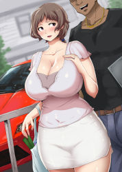 Rule 34 | 1boy, 1girl, ao madoushi, bag, blush, breasts, brown hair, bulge, car, casual, cleavage, curvy, earrings, erection, erection under clothes, faceless, faceless male, food, grocery bag, highres, holding, holding bag, huge breasts, jewelry, long hair, mature female, miniskirt, motor vehicle, open mouth, original, pencil skirt, plastic bag, purple eyes, shopping bag, skirt, smile, standing, thick thighs, thighs, wide hips