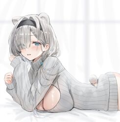 Rule 34 | 1girl, alternate costume, animal ears, arknights, asmr, ass, aurora (arknights), bear ears, bear girl, bear tail, blue eyes, blush, bottomless, breasts, cleavage, cleavage cutout, clothing cutout, commentary request, from side, grey hair, grey sweater, heart, horn/wood, large breasts, long sleeves, looking at viewer, lying, medium hair, no pants, on stomach, open mouth, parted bangs, smile, solo, sweater, tail, tail through clothes, textless version