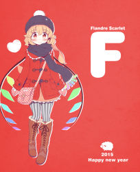 Rule 34 | 10s, 1girl, 2015, alternate costume, bag, blonde hair, blush, boots, brown footwear, coat, contemporary, cross-laced footwear, flandre scarlet, full body, fur boots, gloves, handbag, happy new year, hat, heart, highres, lace-up boots, long hair, looking at viewer, new year, pantyhose, red background, red eyes, scarf, simple background, smile, solo, striped clothes, striped pantyhose, takahero, touhou, vertical-striped clothes, vertical-striped pantyhose, wings