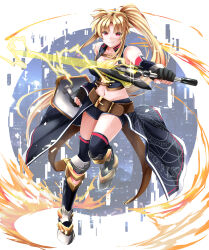 Rule 34 | 1girl, armored boots, belt, belt buckle, black gloves, black shorts, black thighhighs, blonde hair, boots, breasts, brown belt, buckle, cleavage, closed mouth, collarbone, elbow gloves, fate testarossa, fingerless gloves, floating hair, full body, gloves, highres, holding, holding shield, holding sword, holding weapon, large breasts, long hair, looking at viewer, lyrical nanoha, magic circle, mahou shoujo lyrical nanoha, mahou shoujo lyrical nanoha strikers, midriff, navel, overskirt, ponytail, red eyes, shield, short shorts, shorts, sidelocks, smile, solo, sougetsu izuki, stomach, sword, thighhighs, very long hair, weapon