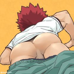 Rule 34 | 10s, 1boy, ass, ass focus, clothes pull, from behind, hairo kineshi, male focus, orange background, perineum, red hair, saiki kusuo no psi nan, simple background, solo, torakichi (ebitendon)