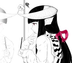 Rule 34 | 1girl, animal ears, black hair, blunt bangs, closed mouth, finger to mouth, food, greyscale, holding, holding food, hood, hood down, hoodie, horned girl (jaco), horns, jaco, long hair, long sleeves, looking at mirror, mirror, monochrome, original, pocky, ponytail, profile, red eyes, reflection, simple background, solo, sound effects, speech bubble, spot color, squiggle, white background