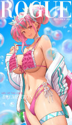 Rule 34 | 1girl, :d, azur lane, bare shoulders, bikini, blue hair, blue nails, brand name imitation, breasts, bremerton (azur lane), bubble, choker, collarbone, commentary, cover, cowboy shot, dishwasher1910, double bun, earrings, english commentary, eyewear on head, frilled bikini, frills, hair between eyes, hair bun, hair ribbon, highres, jacket, jewelry, large breasts, long hair, long sleeves, looking at viewer, magazine cover, multicolored hair, nail polish, navel, off-shoulder jacket, off shoulder, open mouth, pink bikini, pink eyes, pink hair, ribbon, sideboob, smile, solo, star-shaped eyewear, star (symbol), strap pull, streaked hair, sunglasses, swimsuit, thigh strap, two-tone bikini, unworn jacket, vogue (magazine), white bikini, white jacket
