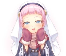 Rule 34 | 1girl, :d, black capelet, blue eyes, blush, brown mittens, brown scarf, capelet, forehead, fur-trimmed mittens, fur trim, hands up, highres, kamisama ni natta hi, long sleeves, looking at viewer, mittens, nakamura hinato, open mouth, pink hair, satou hina (kamisama ni natta hi), scarf, smile, solo, spoilers, upper body, veil, white background, wide sleeves