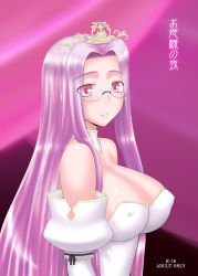 Rule 34 | 1girl, blush, breasts, cleavage, covered erect nipples, detached collar, detached sleeves, dress, fate/stay night, fate (series), glasses, highres, large breasts, long hair, medusa (fate), medusa (rider) (fate), princess, purple eyes, purple hair, siseru samurai, solo, square pupils, strapless, strapless dress, tiara, very long hair