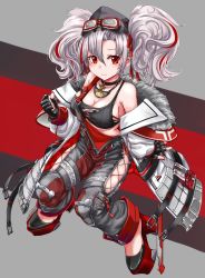 Rule 34 | 1girl, azur lane, bare shoulders, black choker, black gloves, black sports bra, breasts, choker, cleavage, clenched hand, closed mouth, clothing cutout, coat, collarbone, commentary request, cross, cross choker, fingerless gloves, from above, full body, fur-trimmed coat, fur trim, gloves, goggles, goggles on head, grey overalls, hair between eyes, hair ornament, hair ribbon, hand up, highres, invisible chair, iron cross, jewelry, knck, large breasts, long hair, long sleeves, looking at viewer, midriff, multicolored background, multicolored hair, nail polish, necklace, off shoulder, overalls, partial commentary, prinz adalbert (azur lane), red eyes, red hair, red nails, red ribbon, ribbon, rudder footwear, sidelocks, silver hair, sitting, smile, solo, sports bra, streaked hair, thigh cutout, twintails, white coat