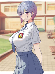 Rule 34 | 1girl, ardinassau, blue necktie, blue skirt, blurry, blurry background, borrowed character, breasts, closed mouth, collared shirt, commentary request, grey hair, highres, indonesian commentary, indonesian high school uniform, large breasts, looking at viewer, mole, mole under eye, necktie, original, outdoors, pleated skirt, school uniform, shirt, short hair, short sleeves, sidelocks, skirt, smile, solo, standing, upper body, white shirt