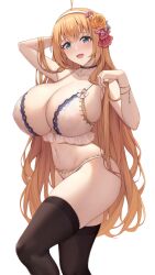 Rule 34 | 1girl, absurdres, ahoge, bare shoulders, bikini, blue eyes, blush, braid, breast expansion, breasts, cleavage, collarbone, flower, hair flower, hair ornament, hairband, highres, huge breasts, kannko bokujou, long hair, looking at viewer, navel, open mouth, orange hair, pecorine (princess connect!), princess connect!, side braid, smile, solo, swimsuit, thighhighs, thighs, very long hair, white bikini