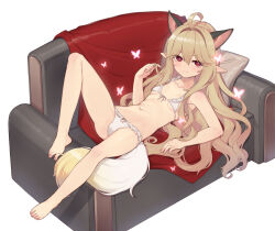 Rule 34 | 1girl, ahoge, animal ears, bare arms, bare legs, bare shoulders, barefoot, bikini, breasts, brown hair, closed mouth, collarbone, commentary request, commission, couch, extra ears, frilled bikini, frills, full body, hair between eyes, hand up, knee up, long hair, looking at viewer, lying, on back, on couch, original, petite, pillow, pixiv commission, pointy ears, red eyes, ribs, simple background, small breasts, smile, solo, swimsuit, tail, tama (tamatamo), twirling hair, very long hair, white background, white bikini