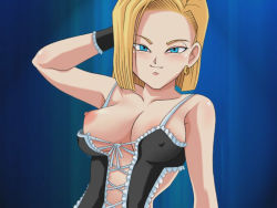Rule 34 | 1girl, android 18, arm behind head, blonde hair, blue eyes, breasts, dragon ball, dragonball z, earrings, covered erect nipples, female focus, jewelry, lingerie, looking at viewer, naughty face, nipple slip, nipples, smile, solo, trinitron cg, underwear