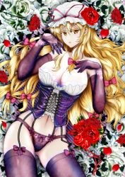 Rule 34 | 1girl, absurdres, blonde hair, blush, bow, breasts, cleavage, colored eyelashes, corset, derivative work, elbow gloves, flower, garter straps, gloves, hair bow, hat, highres, lace, lace-trimmed gloves, lace trim, large breasts, long hair, mob cap, navel, open mouth, panties, red flower, red rose, rose, solo, thighhighs, tk31, touhou, underwear, yakumo yukari, yellow eyes
