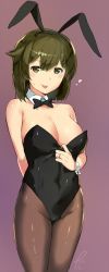 Rule 34 | 10s, 1girl, animal ears, bob cut, bow, bowtie, breasts, brown eyes, rabbit ears, cleavage, detached collar, fake animal ears, hairband, hiryuu (kancolle), kantai collection, pantyhose, playboy bunny, poco (backboa), short hair, solo, standing, tongue, tongue out, wrist cuffs