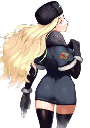Rule 34 | 1girl, ass, black gloves, black thighhighs, blonde hair, blue eyes, breasts, coat, conto, eyebrows, eyelashes, female focus, from behind, fur hat, fur trim, gloves, hat, highres, kolin, lips, long hair, looking back, simple background, solo, standing, street fighter, street fighter v, thighhighs, thighs, ushanka, wavy hair, white background, wide hips, winter clothes, winter coat, zettai ryouiki