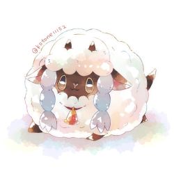 Rule 34 | :3, animal focus, bell, brown eyes, closed mouth, commentary request, creatures (company), game freak, gen 8 pokemon, imasara maki, looking at viewer, lying, nintendo, no humans, on stomach, pokemon, pokemon (creature), sheep, smile, solo, twitter username, wooloo