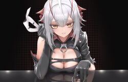 Rule 34 | 1girl, absurdres, alcohol, ambience synesthesia, antennae, arknights, asymmetrical gloves, black gloves, black shirt, breasts, cleavage, commentary, cup, demon horns, elbow gloves, english commentary, gloves, grey hair, hair between eyes, highres, horns, ice, ice cube, large breasts, looking at viewer, mask, mildt, official alternate costume, parted lips, shirt, short hair, solo, unworn mask, w (arknights), w (wanted) (arknights), yellow eyes