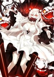 Rule 34 | 1girl, abyssal ship, bare legs, breasts, cleavage, colored skin, commentary request, covered mouth, dress, fingernails, horns, kantai collection, kumashige, large breasts, long hair, long sleeves, looking at viewer, midway princess, outstretched arms, red eyes, sidelocks, solo, very long hair, white dress, white hair, white skin, wide sleeves