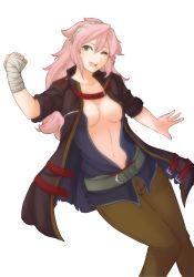 Rule 34 | 1girl, bandages, bandaged hand, belt, blush, breasts, breasts apart, cleavage, cleavage cutout, clothing cutout, coat, collarbone, curvy, fire emblem, fire emblem: the blazing blade, fire emblem fates, fire emblem heroes, fist pump, hair between eyes, hairband, highres, light blush, linus (fire emblem), long hair, medium breasts, navel, nintendo, one eye closed, open mouth, pants, pink hair, smile, soleil (fire emblem), solo, transparent background, tridisart, yellow eyes