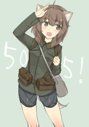 Rule 34 | 1girl, 505th joint fighter wing, :d, ahoge, animal ears, aohashi ame, bag, belt, bike shorts, black shorts, brown eyes, brown hair, commentary, cowboy shot, dog ears, dog tail, green background, green jacket, inufusa yuno, jacket, leaning to the side, long sleeves, looking at viewer, military, military uniform, open mouth, salute, satchel, short hair, shorts, smile, solo, standing, tail, uniform, utility belt, world witches series