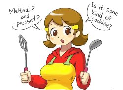 Rule 34 | 1girl, 5-volt, apron, blonde hair, breasts, brown eyes, english text, hair ornament, hairclip, hairpin, ladle, mature female, minuspal, nintendo, open mouth, simple background, spatula, tagme, warioware