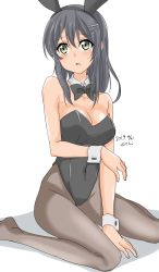 Rule 34 | 1girl, absurdres, animal ears, black bow, black bowtie, black hair, black leotard, bow, bowtie, breasts, brown pantyhose, cleavage, dated, detached collar, fake animal ears, grey eyes, hair ornament, hairclip, highres, kantai collection, leotard, long hair, maonatten, medium breasts, oyashio (kancolle), pantyhose, playboy bunny, rabbit ears, rabbit tail, signature, simple background, sitting, solo, strapless, strapless leotard, tail, wariza, white background, wrist cuffs