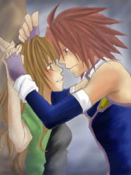 Rule 34 | 00s, anna irving, brown eyes, brown hair, couple, kratos aurion, lowres, oekaki, red hair, tales of (series), tales of symphonia