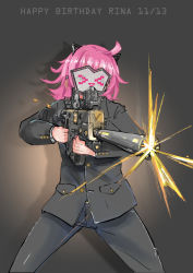 Rule 34 | &gt; &lt;, 1girl, animal ears, artist name, artist request, black background, black cardigan, black jacket, black pants, blunt bangs, blush, breasts, buttons, cardigan, cat ears, collared shirt, female focus, gun, head-mounted display, highres, holding, holding gun, holding weapon, jacket, looking at viewer, love live!, love live! nijigasaki high school idol club, mask, nail, nail polish, pants, parted lips, pink hair, pink nails, screen, shirt, short hair, smile, solo, tennoji rina, weapon, wing collar