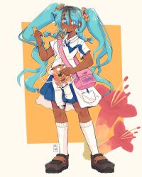 Rule 34 | 1girl, aqua eyes, aqua hair, artist name, bag, black hair, blue necktie, blue skirt, bolivia, bright pupils, brown footwear, chips (food), collared shirt, dark-skinned female, dark skin, flower, food, hair ornament, hair scrunchie, hatsune miku, highres, holding, holding bag, long hair, multicolored hair, necktie, pink bag, pleated skirt, red flower, scrunchie, shirt, shoes, short sleeves, shoulder bag, skirt, socks, solo, twintails, two-tone hair, very long hair, vocaloid, white pupils, white shirt, white socks, worldwide miku, xana prudencio, yellow background