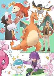 Rule 34 | 1girl, 2boys, :d, boots, brown jacket, charizard, closed eyes, closed mouth, confetti, creatures (company), dot (pokemon), flower, friede (pokemon), fuecoco, game freak, gen 1 pokemon, goggles, green pants, hair over eyes, hat, headpat, highres, holding, holding pokemon, jacket, multiple boys, nintendo, oka 3776, open clothes, open mouth, open vest, pants, pink flower, pokemon, pokemon (anime), pokemon (creature), pokemon horizons, purple hair, quaxly, roy (pokemon), shirt, short sleeves, sitting, sleeveless, sleeveless shirt, slippers, smile, sparkle, standing, tank top, tinkatink, vest, wattrel, white hair