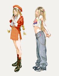 Rule 34 | 1girl, :o, ankle boots, belt, beret, black footwear, black hair, blonde hair, blue footwear, boots, cameo, chain, character print, choker, crop top, crop top overhang, cross-laced footwear, denim, flower, full body, genderswap, genderswap (mtf), grey pants, haikyuu!!, hair flower, hair ornament, hairclip, hands up, hat, hat ornament, head tilt, highres, holding, huangdanlan, interlocked fingers, jacket, jeans, jewelry, juliet sleeves, kirby, kirby (series), kozume kenma, lace-up boots, long hair, long sleeves, looking at viewer, looking away, midriff, miniskirt, multi-tied hair, multicolored hair, multiple views, navel, necklace, nintendo, one side up, own hands together, pants, pendant, plaid, plaid skirt, pom pom (clothes), pom pom hair ornament, puffy pants, puffy sleeves, red headwear, red jacket, red legwear, red skirt, shirt, shoes, short sleeves, side slit, sideways glance, simple background, skirt, sneakers, socks, standing, sticker, streaked hair, stretching, twintails, two-tone hair, very long hair, w arms, white shirt