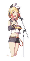 Rule 34 | 1girl, absurdres, animal ears, belt, black shorts, blonde hair, blush, cat ears, cloba, collarbone, cosplay, detached sleeves, fang, flat chest, flower, hair flower, hair ornament, hairband, hands on own chest, headphones, highres, kagamine rin, kagamine rin (cosplay), long sleeves, microphone stand, music, navel, open mouth, original, pink flower, school uniform, serafuku, short hair, shorts, simple background, singing, socks, solo, standing, vocaloid, white background, white hairband, yellow eyes, yellow socks