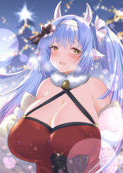 Rule 34 | 1girl, absurdres, animal ears, bare shoulders, black bow, blue hair, blurry, blurry background, blush, bow, breasts, breath, bright pupils, catura (granblue fantasy), catura (holiday) (granblue fantasy), christmas, christmas lights, christmas tree, cleavage, cow ears, cow horns, criss-cross halter, dress, dress bow, evening, floating hair, fur collar, granblue fantasy, hair bow, hairband, halterneck, highres, horns, huge breasts, jacket, lens flare, long hair, looking at viewer, multicolored hair, neck bell, off shoulder, open mouth, outdoors, pink hair, red dress, shiromochi (123), short eyebrows, sleeveless, sleeveless dress, smile, solo, streaked hair, twintails, upper body, white hairband, white jacket, white pupils, yellow eyes