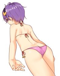 Rule 34 | 1girl, ass, bare arms, bare shoulders, bikini, black hairband, butt crack, commentary request, cowboy shot, dutch angle, from behind, hair ornament, hairband, heart, heart hair ornament, highres, komeiji satori, miyo (ranthath), pink bikini, purple eyes, purple hair, short hair, simple background, solo, standing, swimsuit, thighs, touhou, white background