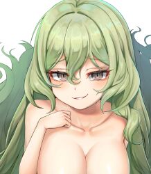 Rule 34 | 1girl, :d, bippew, breasts, collarbone, completely nude, green eyes, green hair, grin, highres, honkai (series), honkai impact 3rd, large breasts, long hair, mobius (honkai impact), nude, open mouth, simple background, smile, smug, solo, teeth, upper body, wavy hair, white background