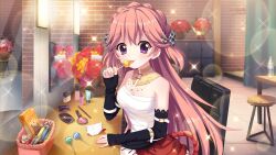 Rule 34 | 1girl, arm belt, bare shoulders, belt, black sleeves, bottle, bouquet, bow, breasts, brick wall, candy, candy wrapper, chair, cleavage, clothes hanger, curtains, detached sleeves, dot nose, dressing room, elbow on table, film grain, flower, food, game cg, grey bow, haeno akari, hair bow, hand on table, izumi tsubasu, jewelry, lens flare, licking, locker, lollipop, long hair, looking at viewer, medium breasts, mirror, multiple belts, necklace, non-web source, official art, orange hair, plaid, plaid bow, pocky, purple eyes, purple flower, re:stage!, red flower, red rose, red skirt, reflection, rope, rose, sarashi, shimenawa, sitting, skirt, smile, solo, sparkle, table, tile floor, tiles, tongue, tongue out, two side up, vanity table, very long hair, water bottle, white belt, white flower, wicker basket, wooden stool, wooden table, yellow flower