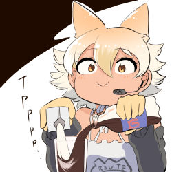 Rule 34 | animal ear fluff, animal ears, coyote (kemono friends), highres, kemono friends, kemono friends v project, mcgunngu, microphone, short hair, simple background, tail, virtual youtuber, wolf ears, wolf tail