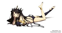 Rule 34 | 1girl, anklet, armlet, artist request, asymmetrical legwear, asymmetrical sleeves, barefoot, bikini, black hair, black thighhighs, crown, detached sleeves, earrings, elbow gloves, fate/grand order, fate (series), feet, feet up, gloves, highres, hoop earrings, ishtar (fate), jewelry, long hair, long legs, lying, mismatched bikini, neck ring, on stomach, parted bangs, simple background, single detached sleeve, single elbow glove, single sleeve, single thighhigh, solo, swimsuit, the pose, thighhighs, toeless legwear, uneven legwear, uneven sleeves, white background