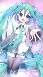 Rule 34 | 1girl, aqua eyes, aqua hair, boots, detached sleeves, hatsune miku, headset, highres, long hair, looking at viewer, necktie, open mouth, outstretched arm, ro (igris-geo), skirt, solo, thigh boots, thighhighs, twintails, very long hair, vocaloid