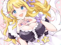 Rule 34 | 1girl, :d, alternate costume, bad id, bad twitter id, blonde hair, blue eyes, blush, breasts, cleavage, cleavage cutout, clothing cutout, dress, dutch angle, enmaided, hachimiya meguru, heart, heart hands, idolmaster, idolmaster shiny colors, large breasts, looking at viewer, maid, maid headdress, morina nao, open mouth, pinafore dress, puffy short sleeves, puffy sleeves, short sleeves, sleeveless dress, smile, solo, star ornament, upper body, wrist cuffs